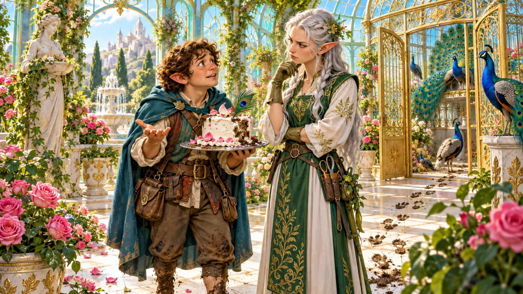 Illustrative fantasy character offering an excuse beside plainly visible cake and feather evidence.